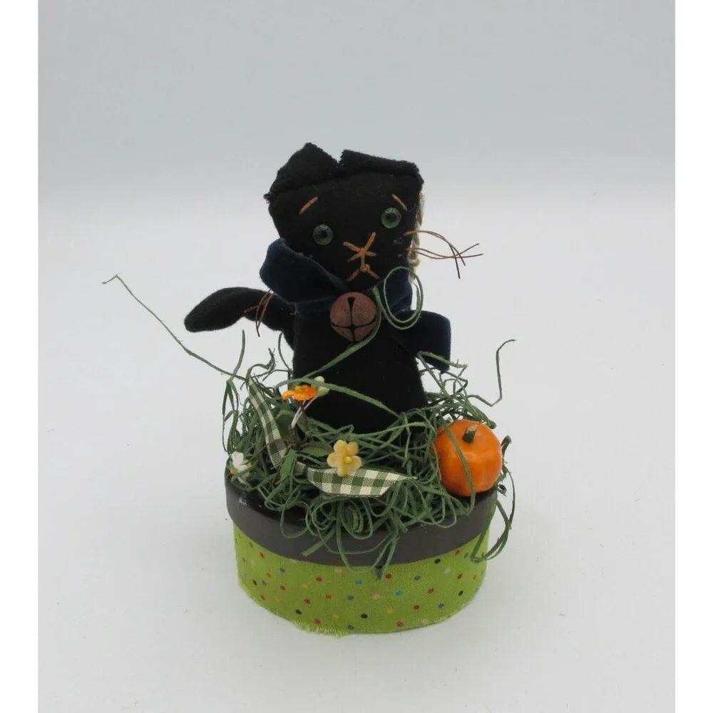Vtg Style Fabric Halloween Black Cat Trinket Box Signed Artisan Folk Art Fall